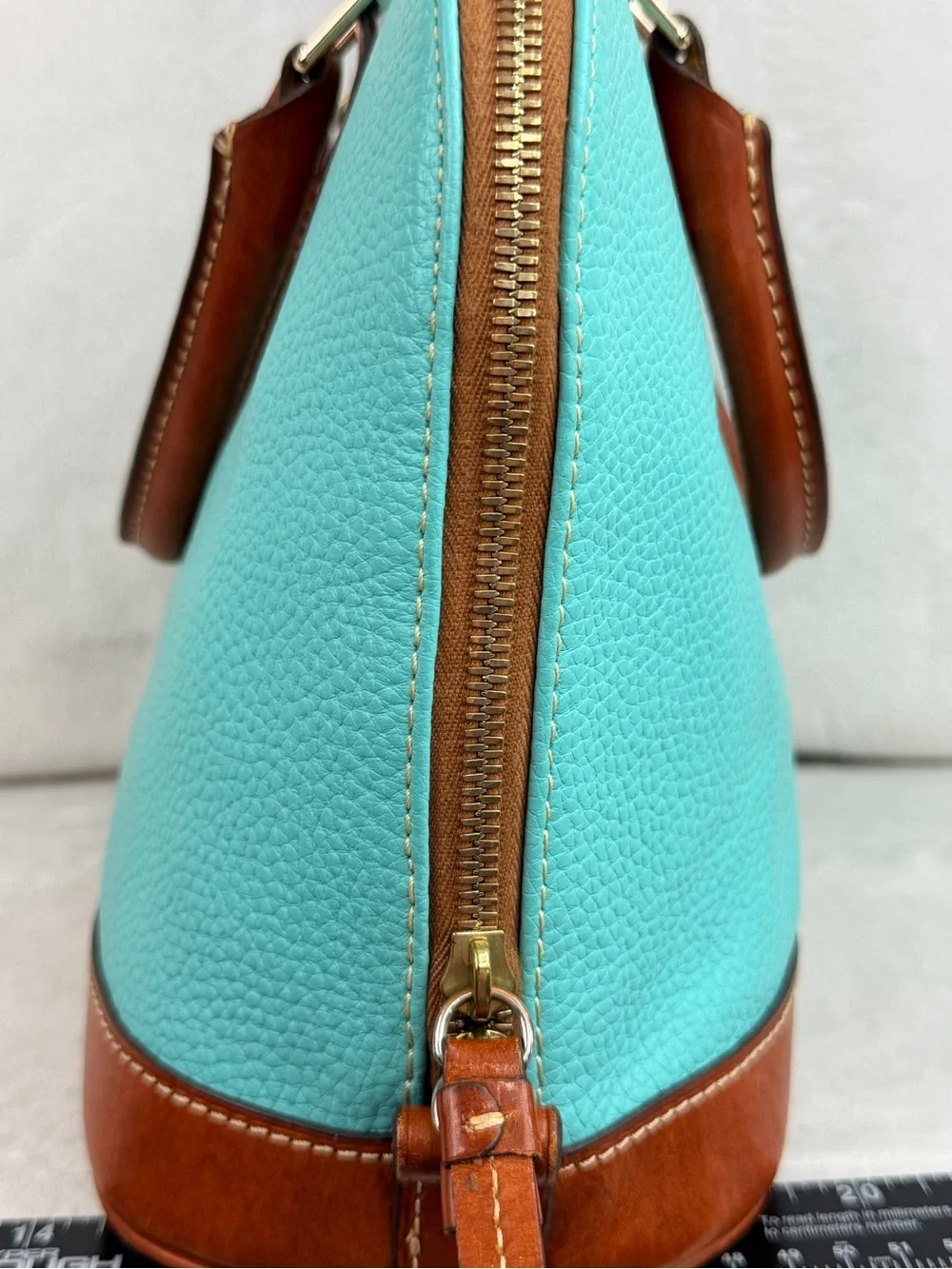 Dooney & Bourke Zip Zip Turquoise Leather Satchel with Brown Trim